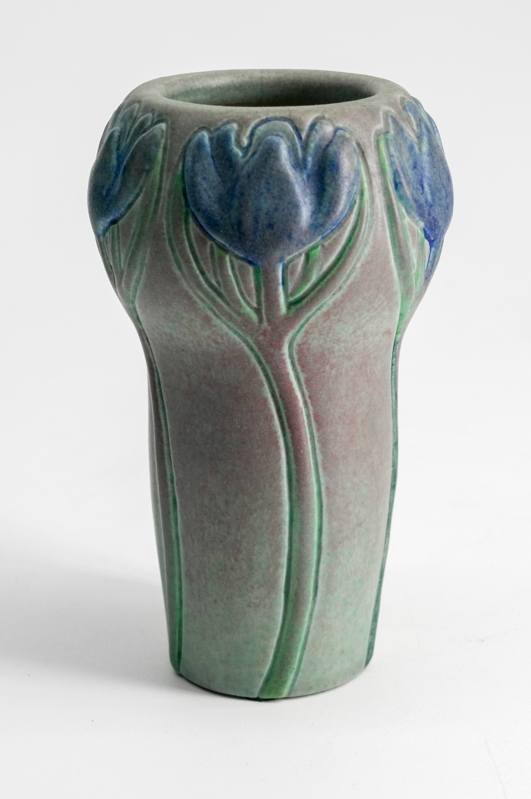 Van Briggle 1902 Art Pottery Vase with multicolored tulips